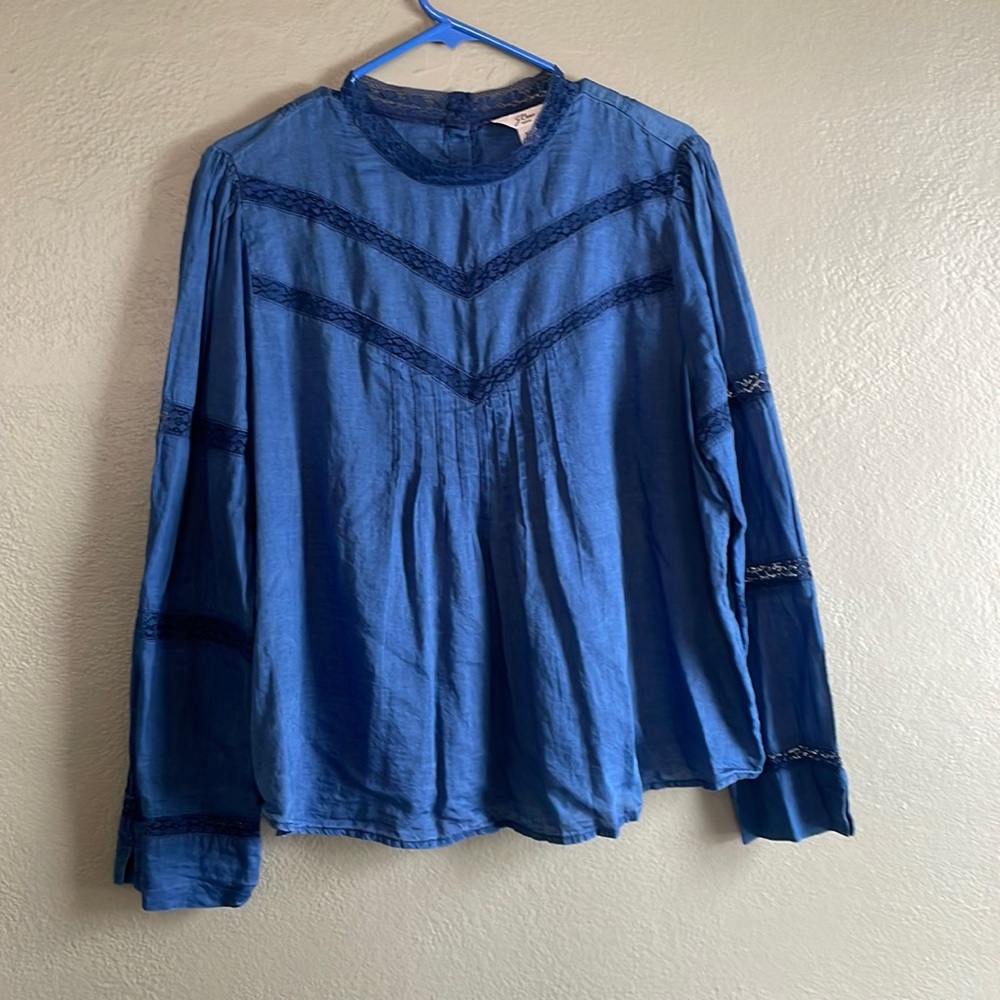J crew Lace-trim mockneck blouse in indigo voile